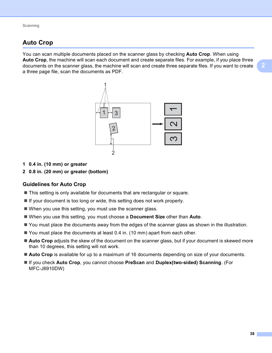 Auto crop, Guidelines for auto crop, 2auto crop | Brother MFC J6910DW User Manual | Page 45 / 221
