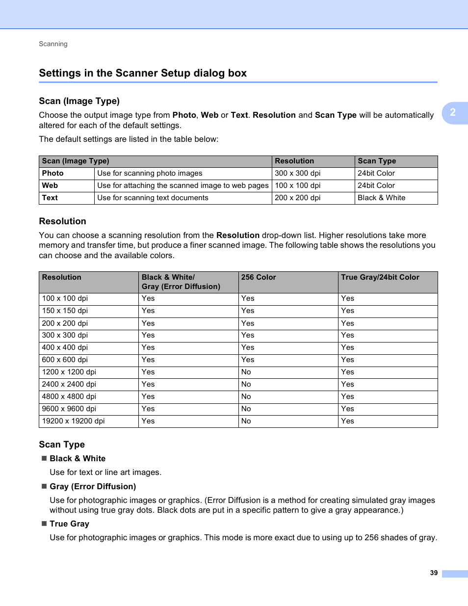 Settings in the scanner setup dialog box, Scan (image type), Resolution | Scan type, 2settings in the scanner setup dialog box | Brother MFC J6910DW User Manual | Page 46 / 221