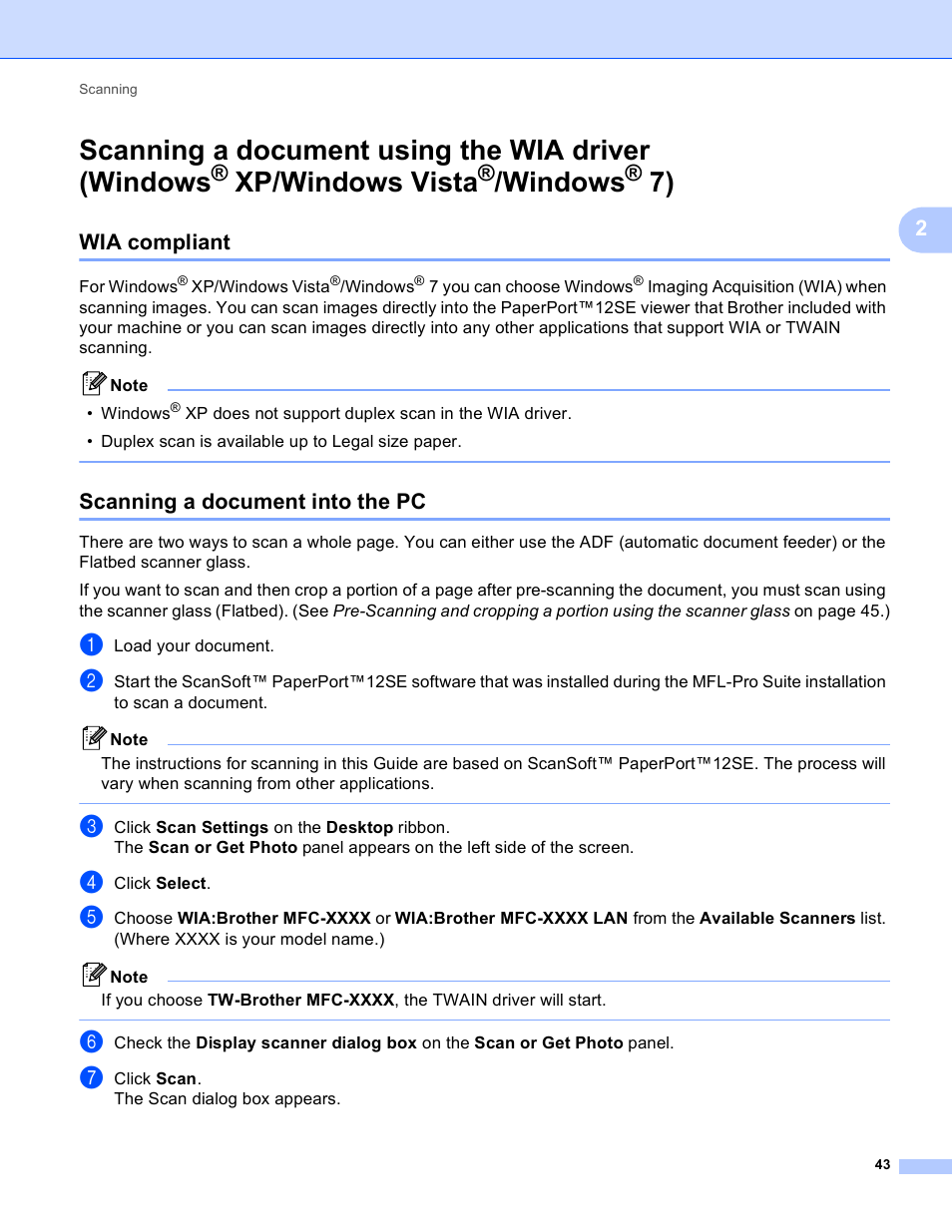 Wia compliant, Scanning a document into the pc, Scanning a document using the wia driver (windows | Xp/windows vista, Windows, Wia compliant scanning a document into the pc, Scanning a, Document using the wia driver (windows | Brother MFC J6910DW User Manual | Page 50 / 221