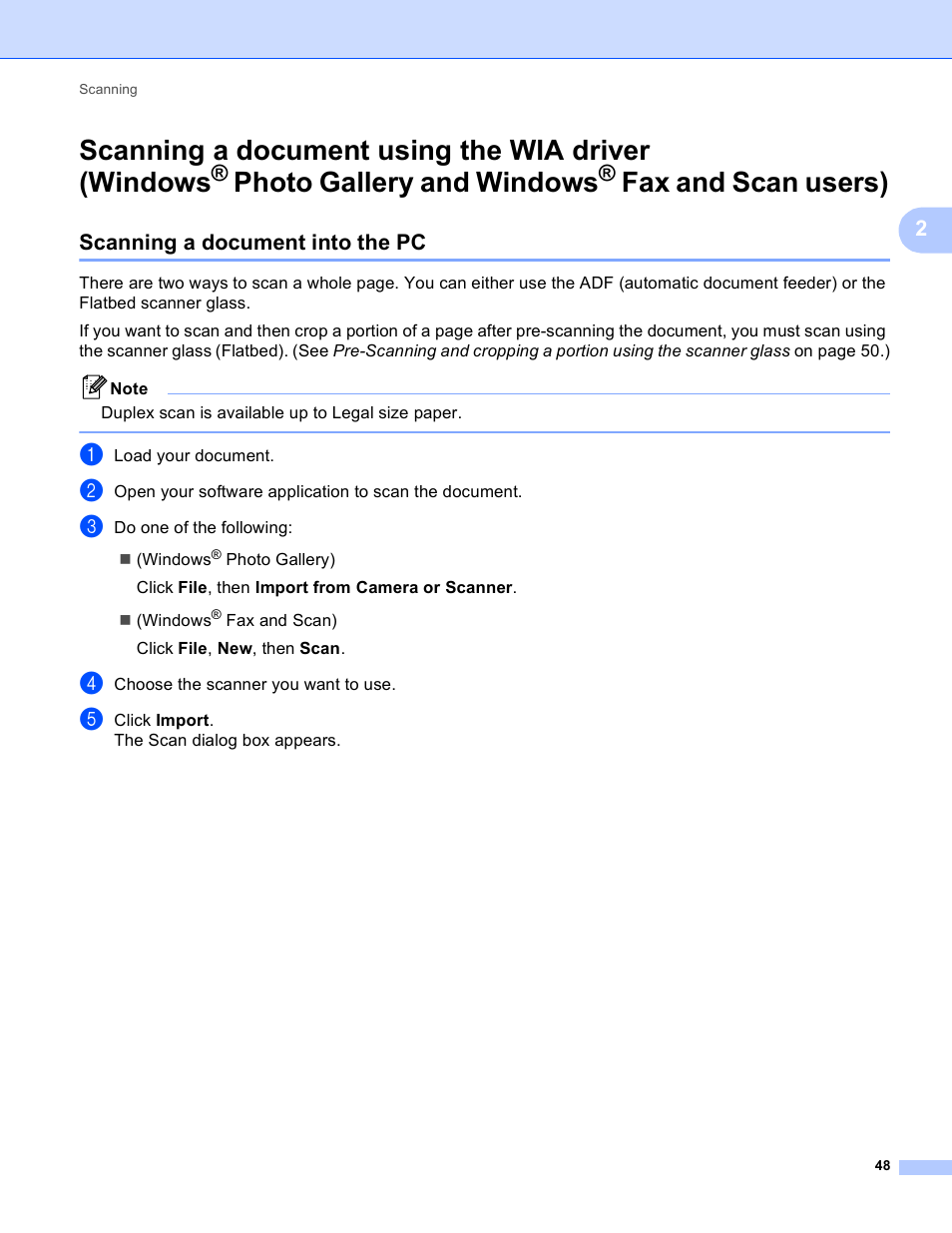 Scanning a document into the pc, Scanning a document using the wia driver, Windows | Photo gallery and windows, Fax and scan users), Scanning a document using the wia driver (windows | Brother MFC J6910DW User Manual | Page 55 / 221