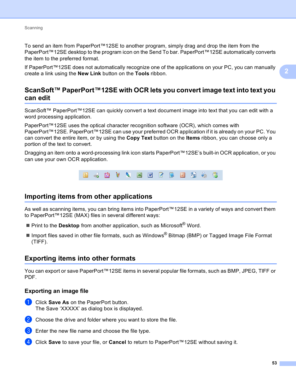 Importing items from other applications, Exporting items into other formats, Exporting an image file | Brother MFC J6910DW User Manual | Page 60 / 221