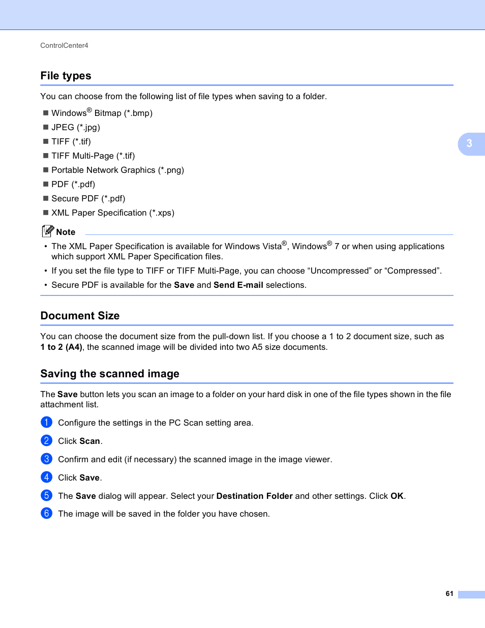 File types, Document size, Saving the scanned image | File types document size saving the scanned image, 3file types | Brother MFC J6910DW User Manual | Page 68 / 221