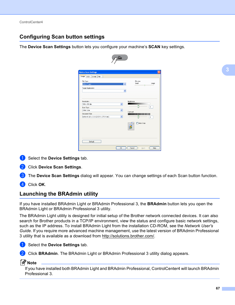 Configuring scan button settings, Launching the bradmin utility, 3configuring scan button settings | Brother MFC J6910DW User Manual | Page 74 / 221