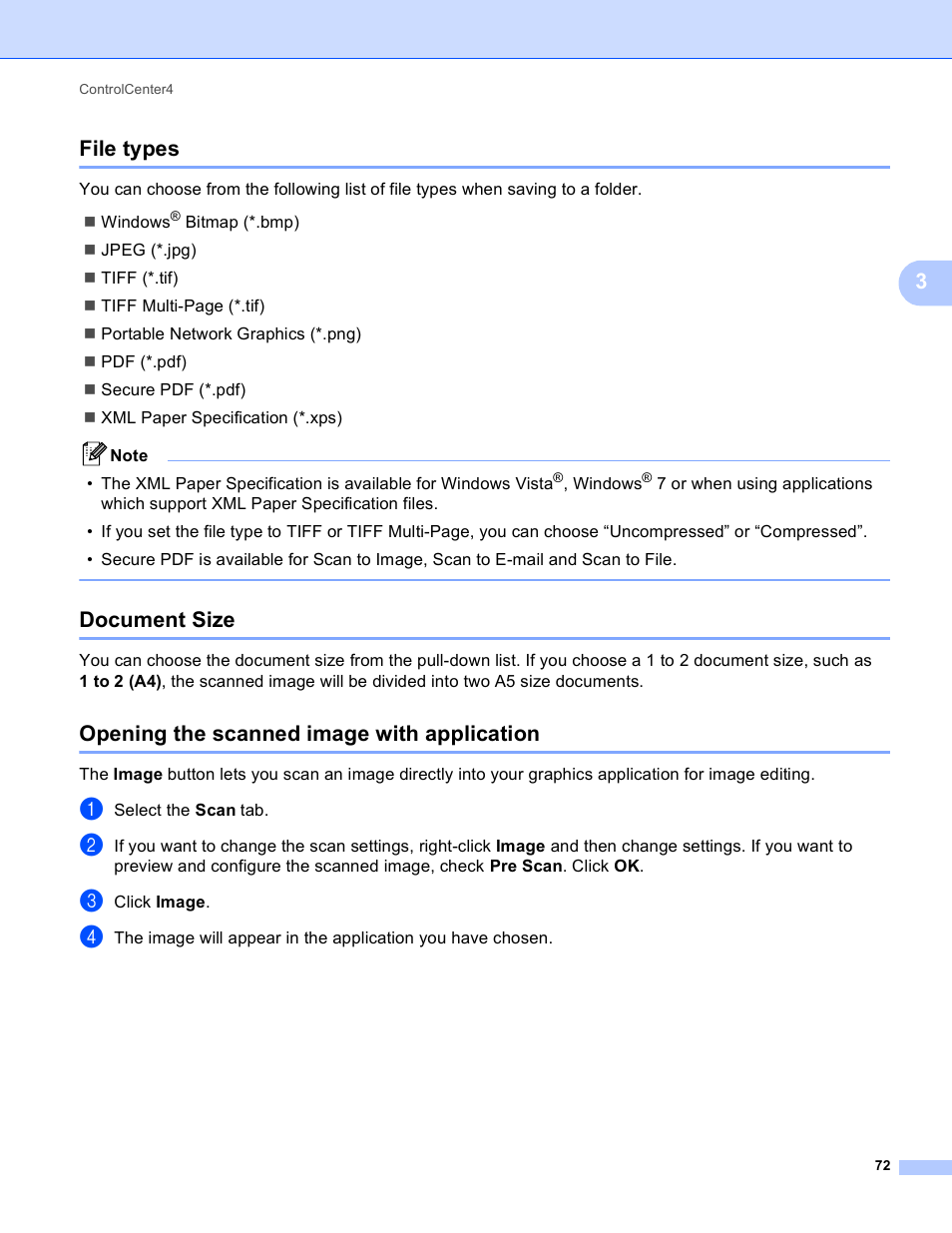 File types, Document size, Opening the scanned image with application | 3file types | Brother MFC J6910DW User Manual | Page 79 / 221