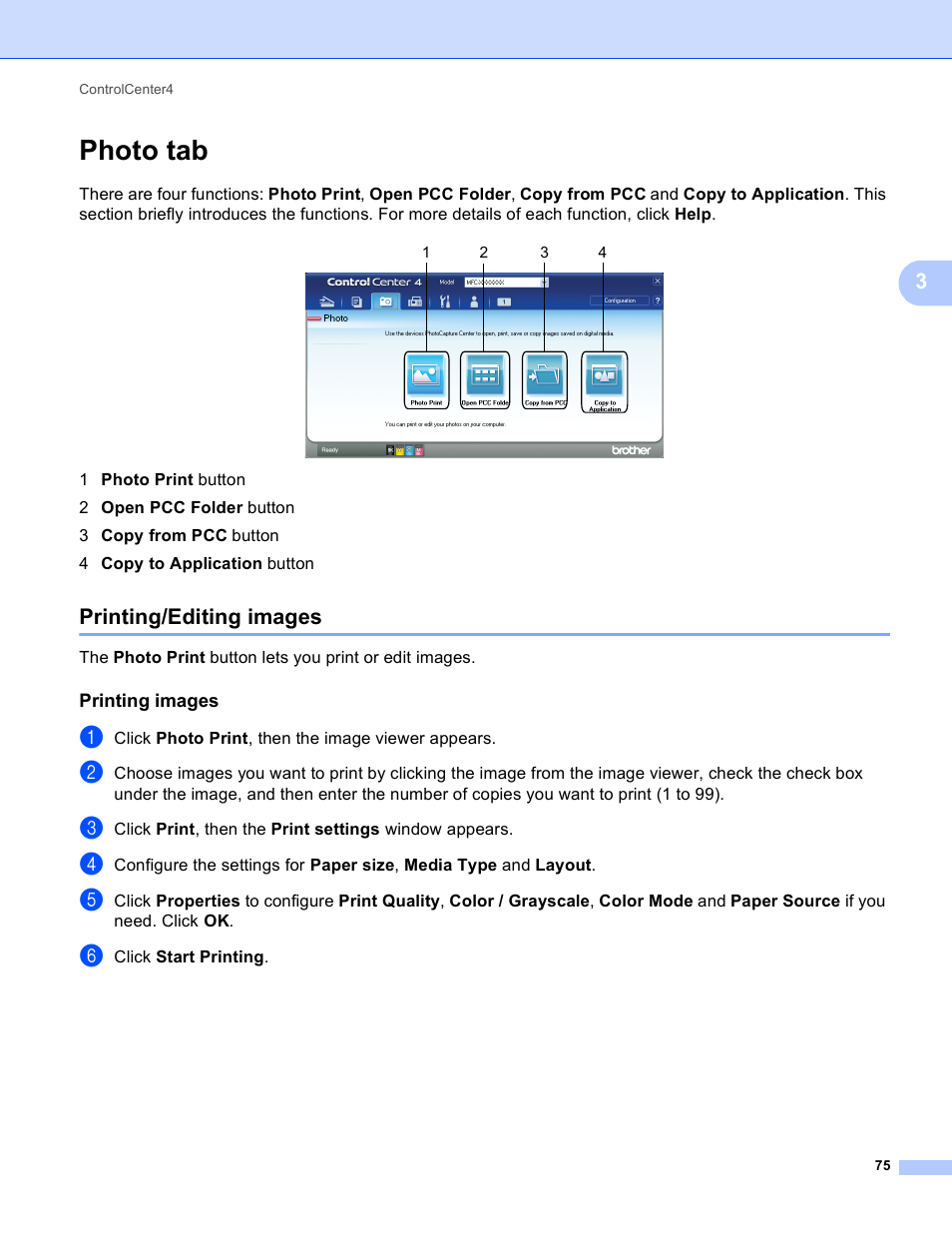 Photo tab, Printing/editing images, Printing images | Brother MFC J6910DW User Manual | Page 82 / 221