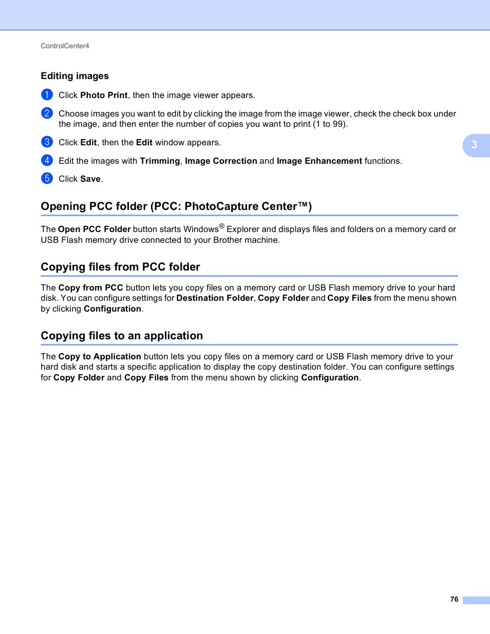 Editing images, Opening pcc folder (pcc: photocapture center™), Copying files from pcc folder | Copying files to an application | Brother MFC J6910DW User Manual | Page 83 / 221