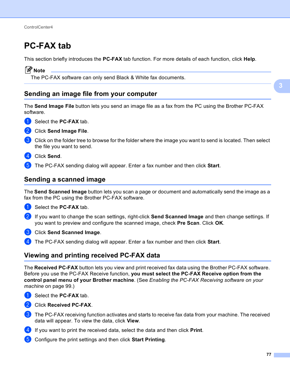 Pc-fax tab, Sending an image file from your computer, Sending a scanned image | Viewing and printing received pc-fax data | Brother MFC J6910DW User Manual | Page 84 / 221