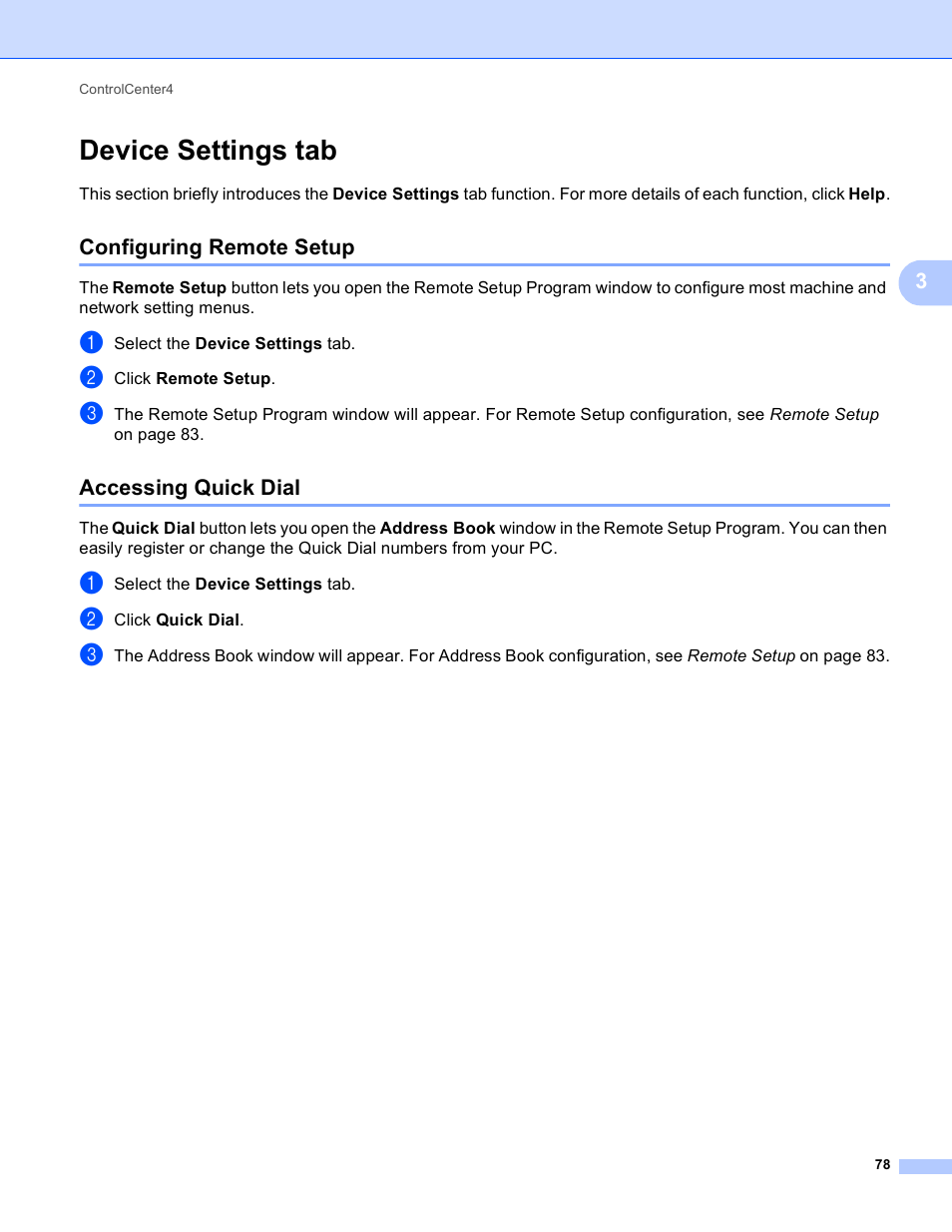 Device settings tab, Configuring remote setup, Accessing quick dial | Configuring remote setup accessing quick dial | Brother MFC J6910DW User Manual | Page 85 / 221