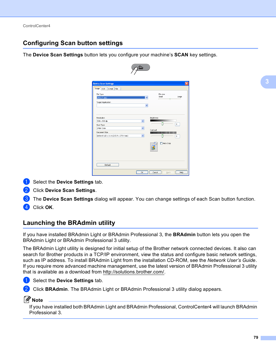 Configuring scan button settings, Launching the bradmin utility, 3configuring scan button settings | Brother MFC J6910DW User Manual | Page 86 / 221