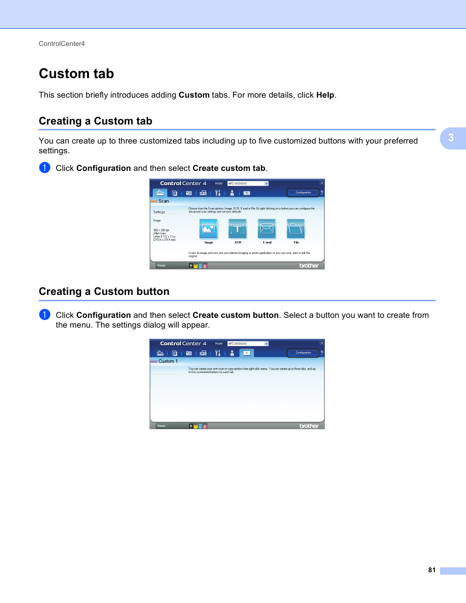 Custom tab, Creating a custom tab, Creating a custom button | Creating a custom tab creating a custom button | Brother MFC J6910DW User Manual | Page 88 / 221