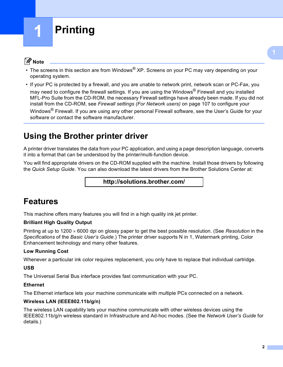 1 printing, Using the brother printer driver, Features | Printing, Using the brother printer driver features | Brother MFC J6910DW User Manual | Page 9 / 221