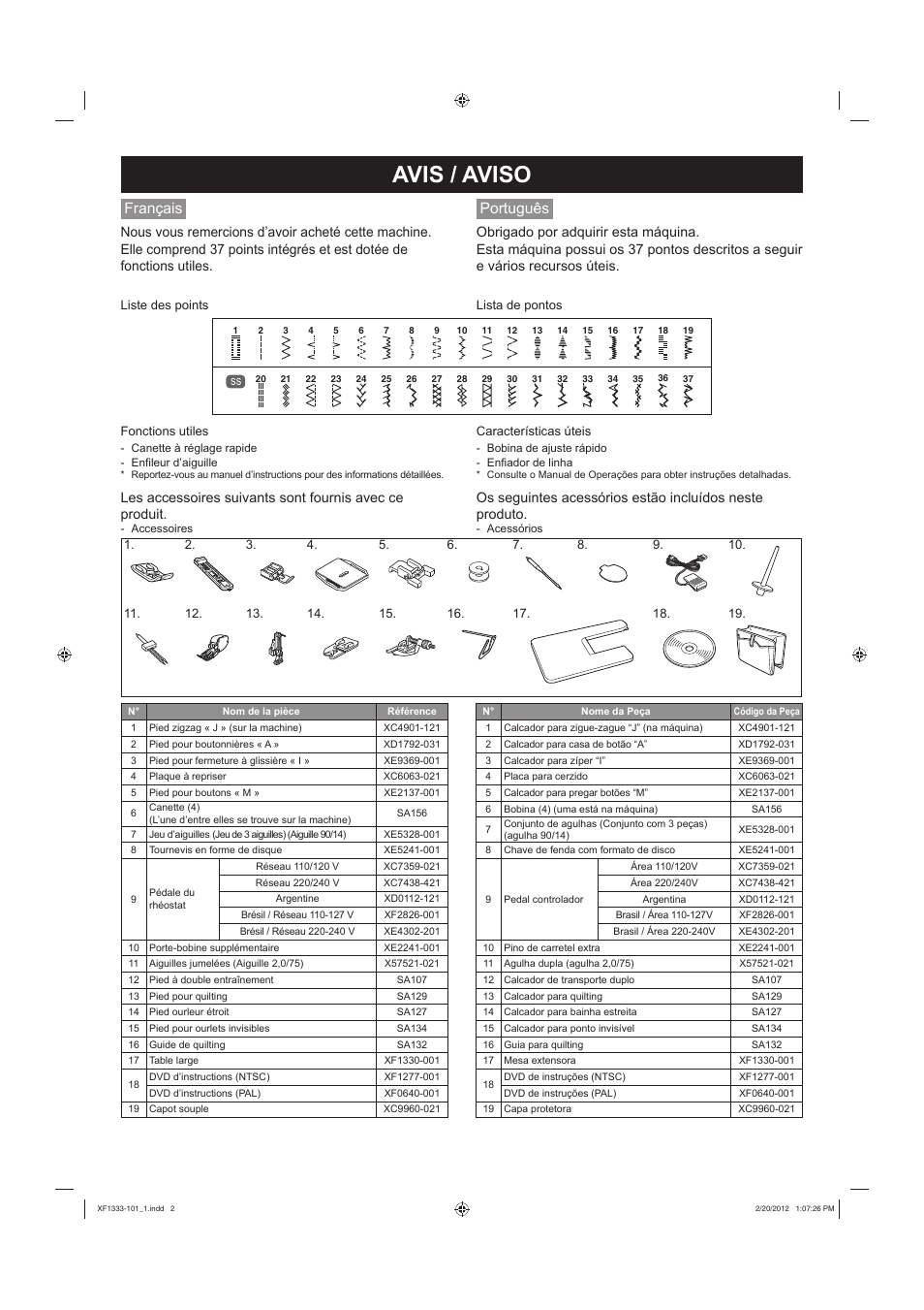 Avis / aviso, Français, Português | Brother BM3850 User Manual | Page 2 / 2