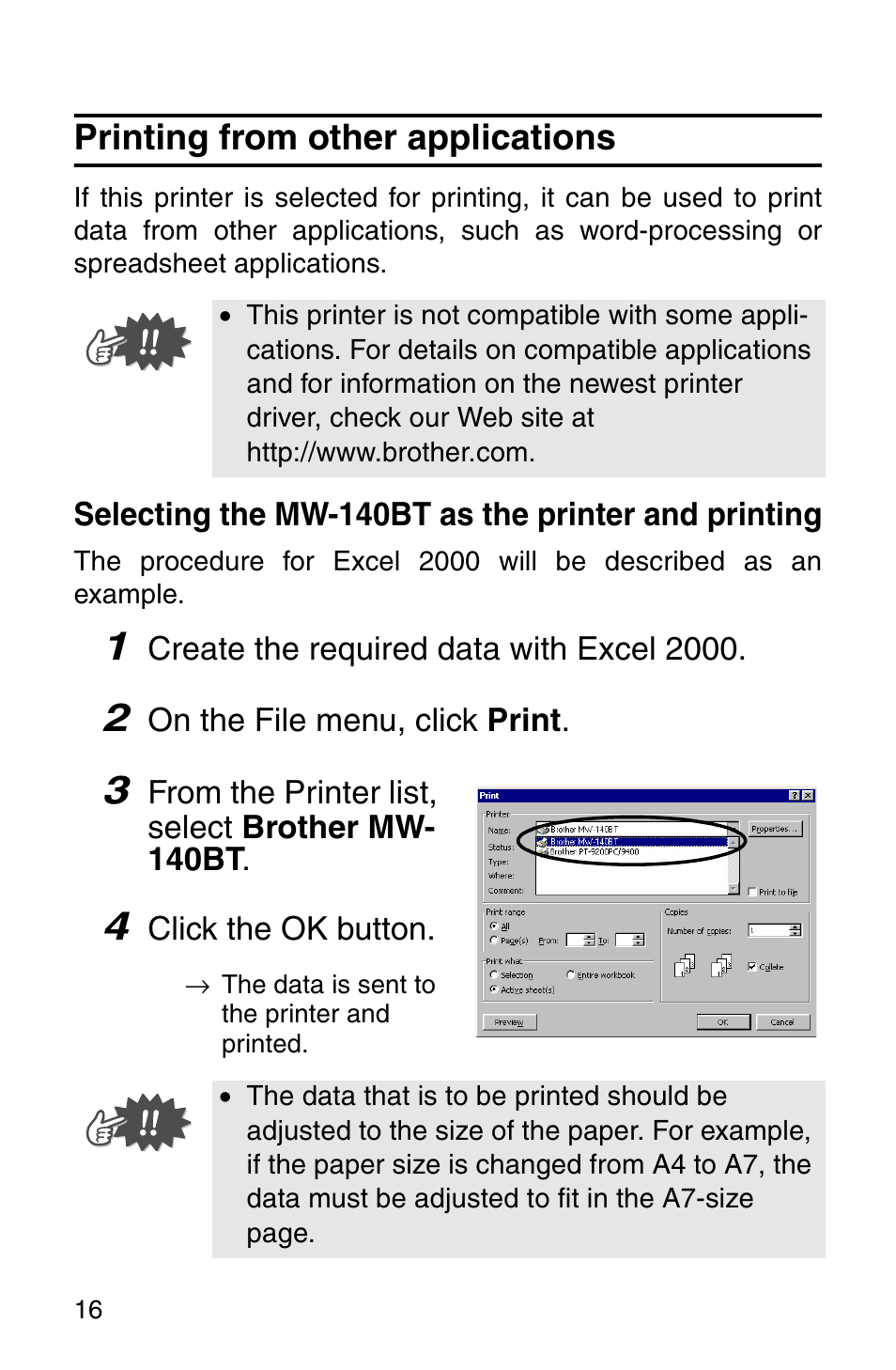 Printing from other applications | Brother MW-140BT User Manual | Page 18 / 93