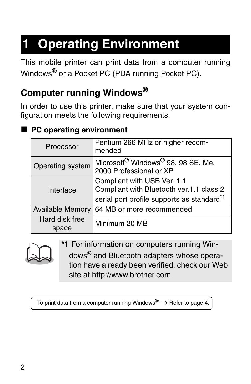 1 operating environment, Computer running windows | Brother MW-140BT User Manual | Page 4 / 93