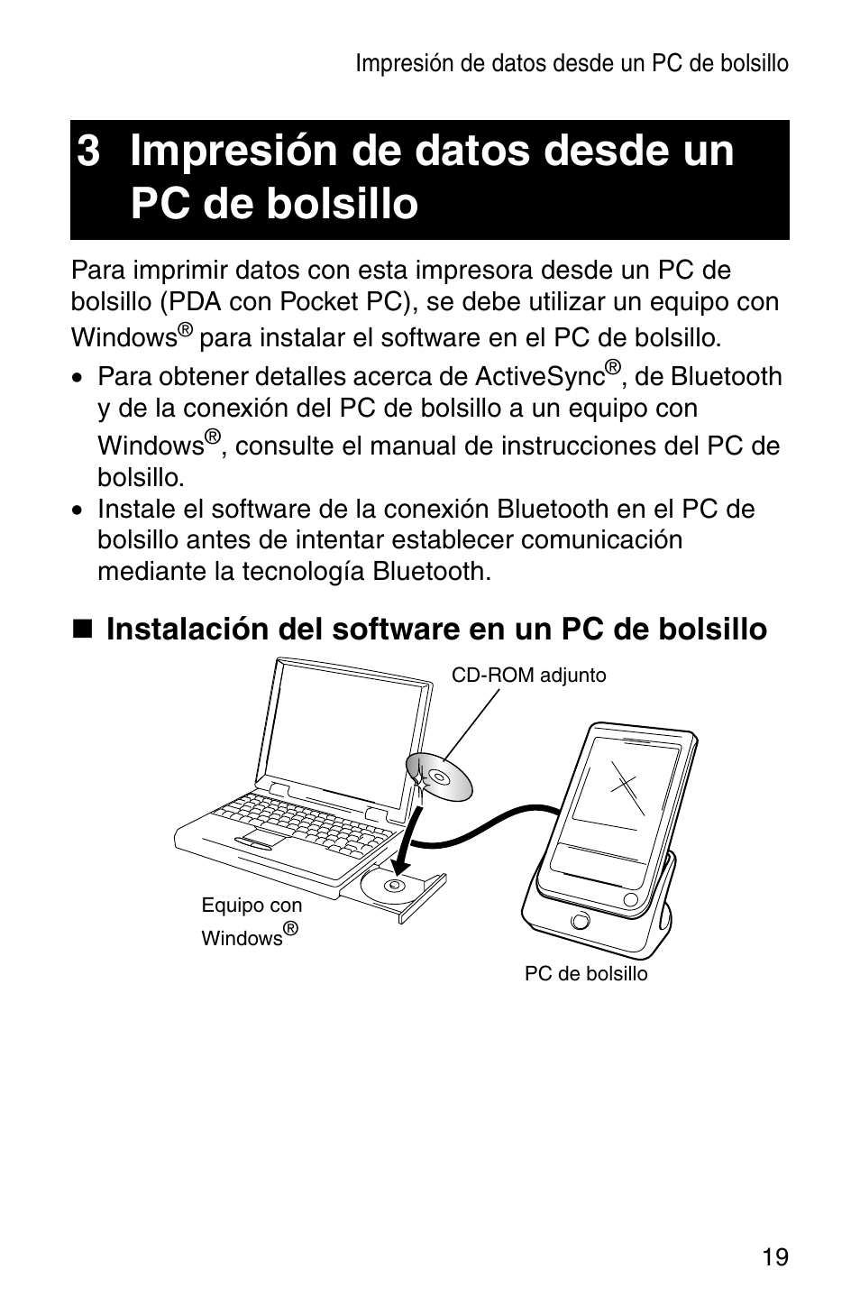 3 impresion de datos desde un pc de bolsillo, 3 impresión de datos desde un pc de, Bolsillo | 3 impresión de datos desde un pc de bolsillo, Instalación del software en un pc de bolsillo | Brother MW-140BT User Manual | Page 67 / 93