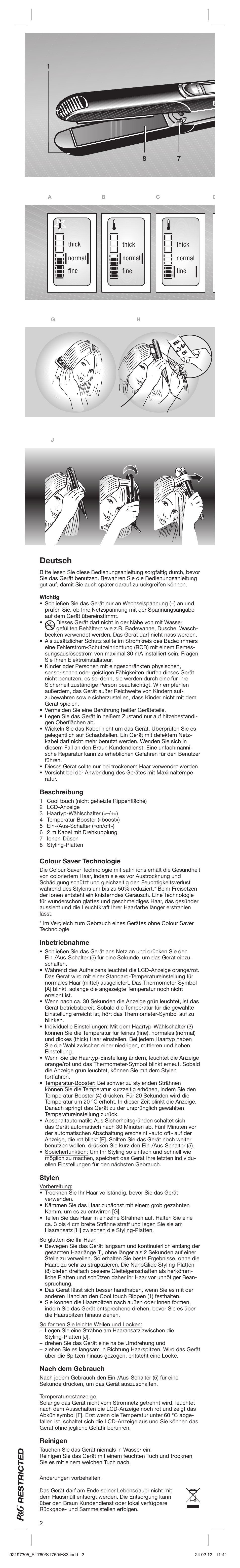 Deutsch, Beschreibung, Colour saver technologie | Inbetriebnahme, Stylen, Nach dem gebrauch, Reinigen | Braun ES3 Satin Hair 7 User Manual | Page 2 / 21