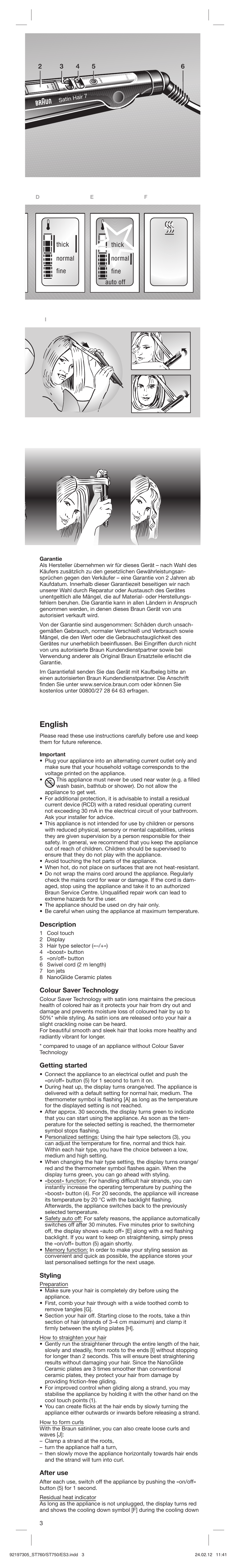 English, Fine thick fine thick normal auto off normal, Description | Colour saver technology, Getting started, Styling, After use | Braun ES3 Satin Hair 7 User Manual | Page 3 / 21