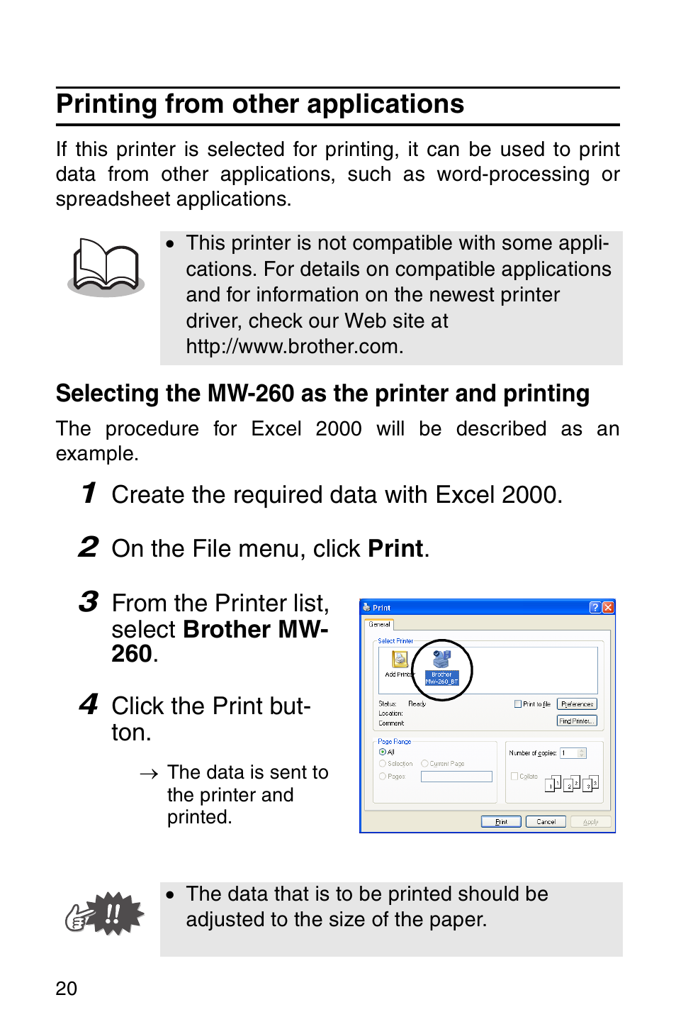 Printing from other applications | Brother MW-260 User Manual | Page 22 / 48