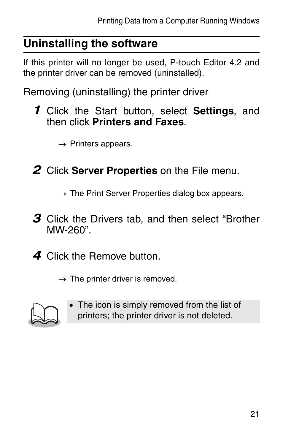 Uninstalling the software | Brother MW-260 User Manual | Page 23 / 48