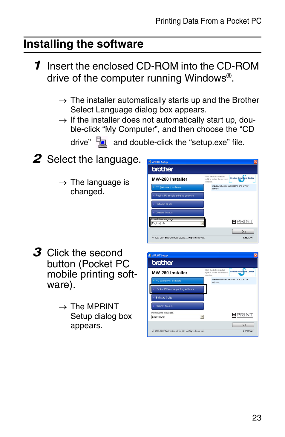 Installing the software | Brother MW-260 User Manual | Page 25 / 48