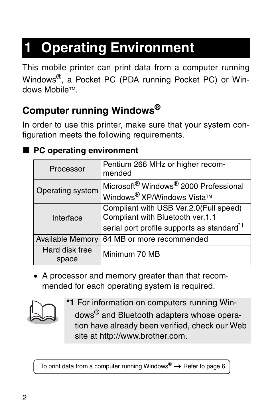 Operating environment, 1 operating environment, Computer running windows | Brother MW-260 User Manual | Page 4 / 48