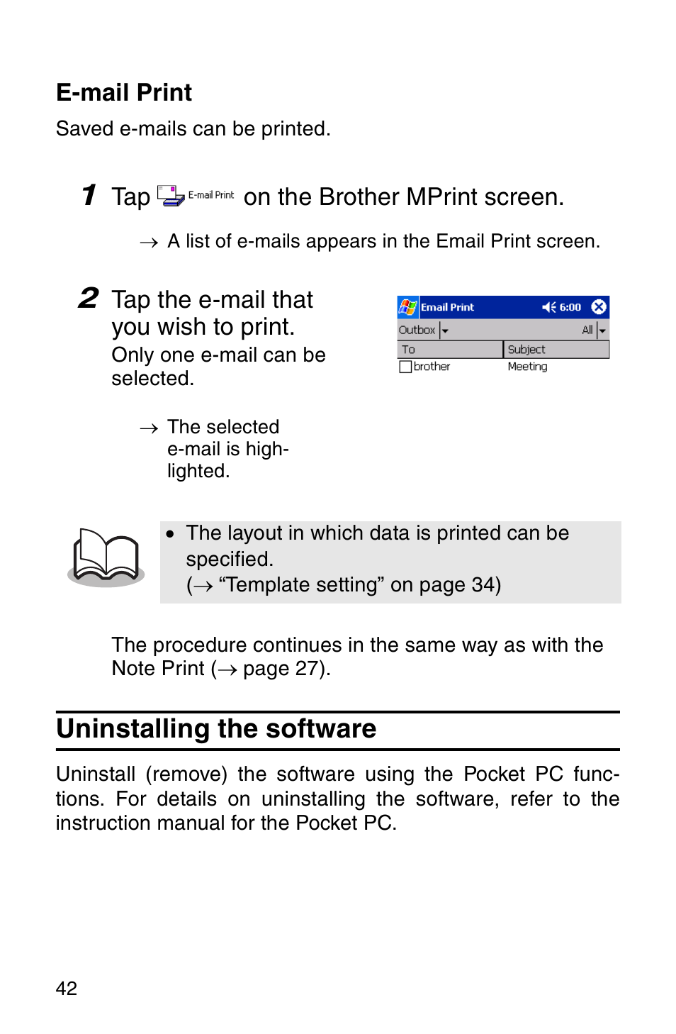 Uninstalling the software | Brother MW-260 User Manual | Page 44 / 48