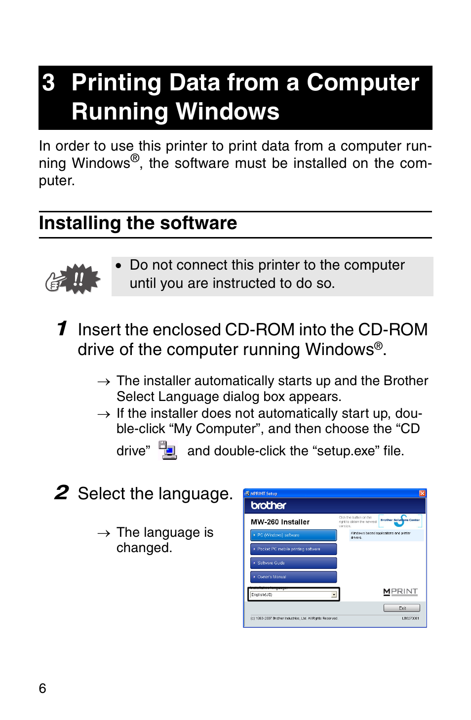 Printing data from a computer running windows, Installing the software, 3 printing data from a computer running | Windows, 3 printing data from a computer running windows | Brother MW-260 User Manual | Page 8 / 48