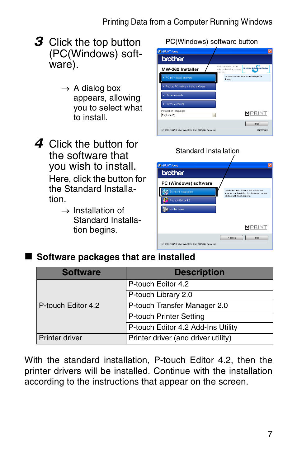 Click the top button (pc(windows) soft- ware) | Brother MW-260 User Manual | Page 9 / 48