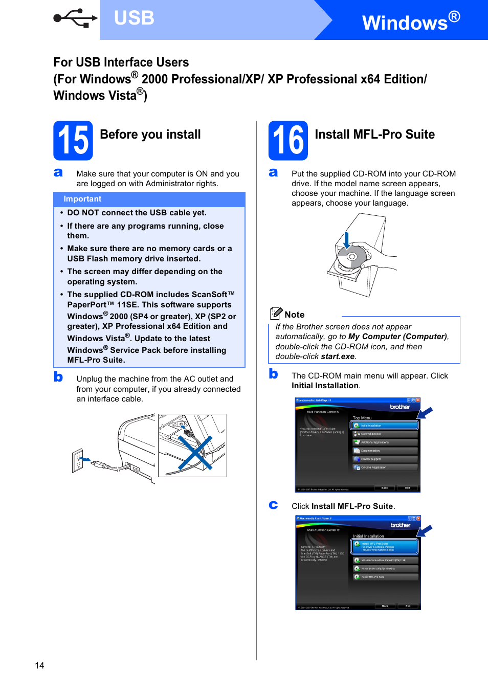 15 before you install, 16 install mfl-pro suite, Windows | Brother MFC-5490CN User Manual | Page 14 / 34