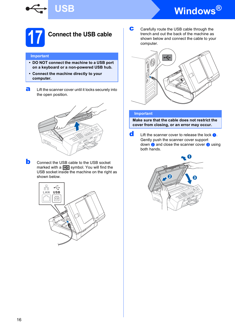 17 connect the usb cable, Windows, Connect the usb cable | Brother MFC-5490CN User Manual | Page 16 / 34