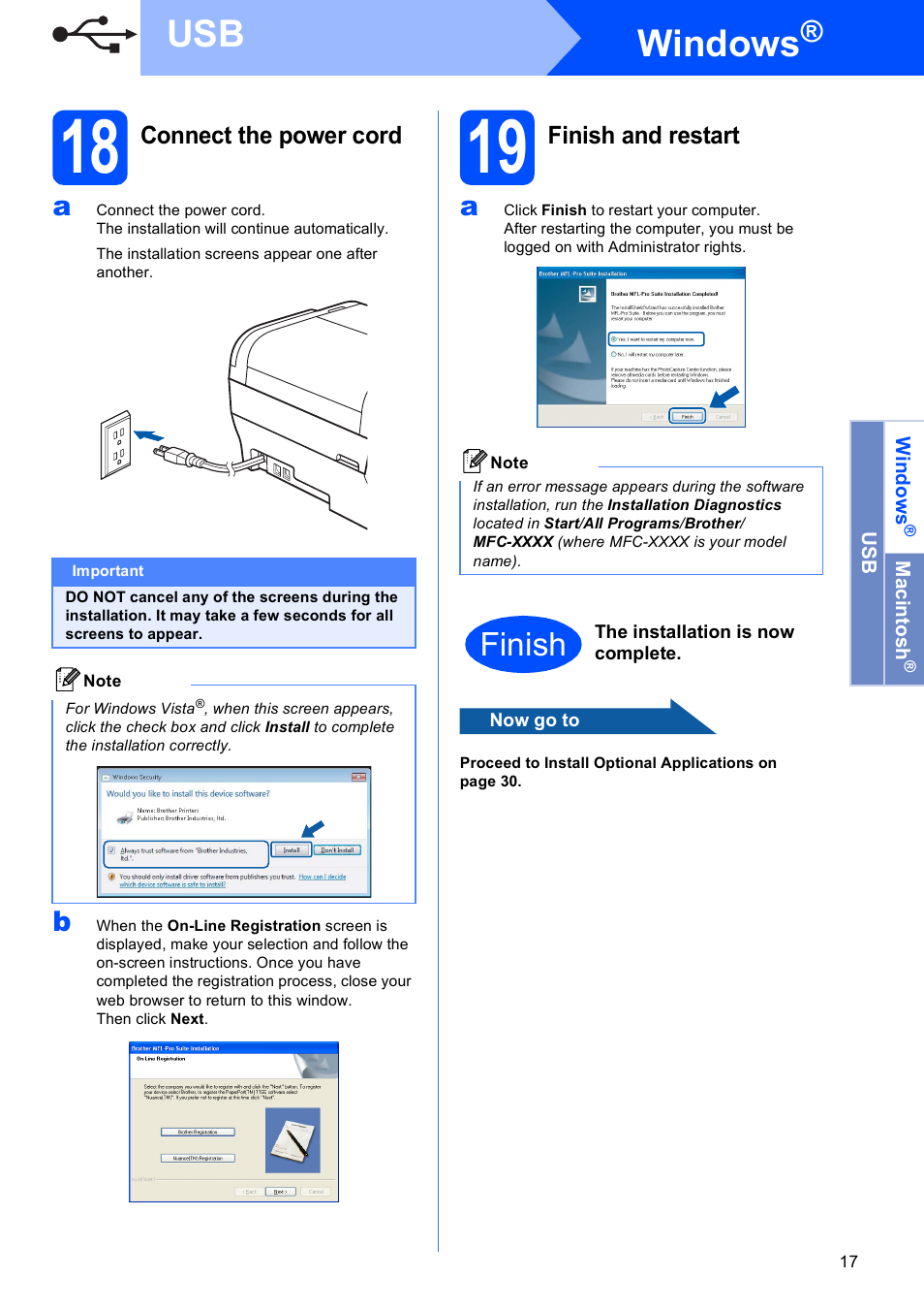 18 connect the power cord, 19 finish and restart, Windows | Finish | Brother MFC-5490CN User Manual | Page 17 / 34