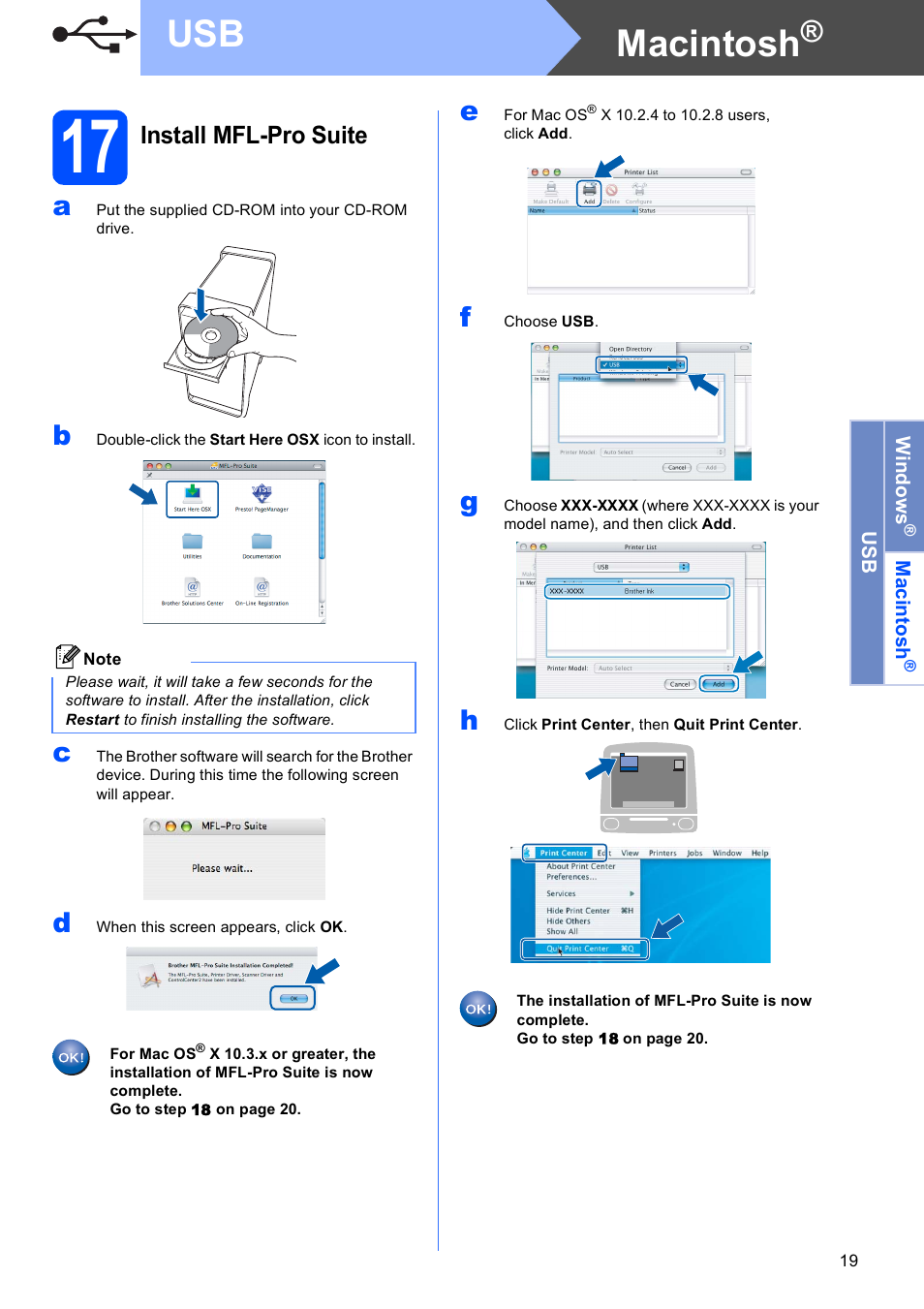17 install mfl-pro suite, Macintosh, Install mfl-pro suite | Brother MFC-5490CN User Manual | Page 19 / 34