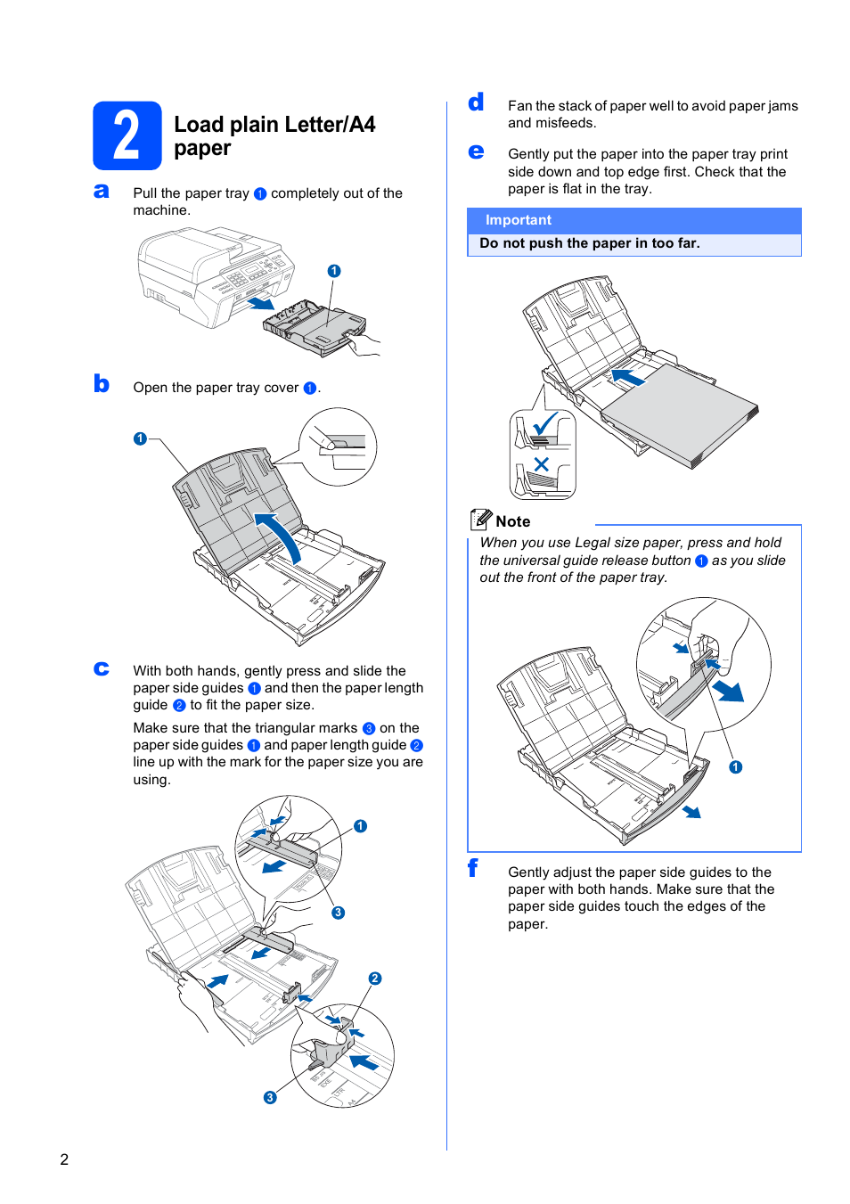 2 load plain letter/a4 paper, Load plain letter/a4 paper | Brother MFC-5490CN User Manual | Page 2 / 34