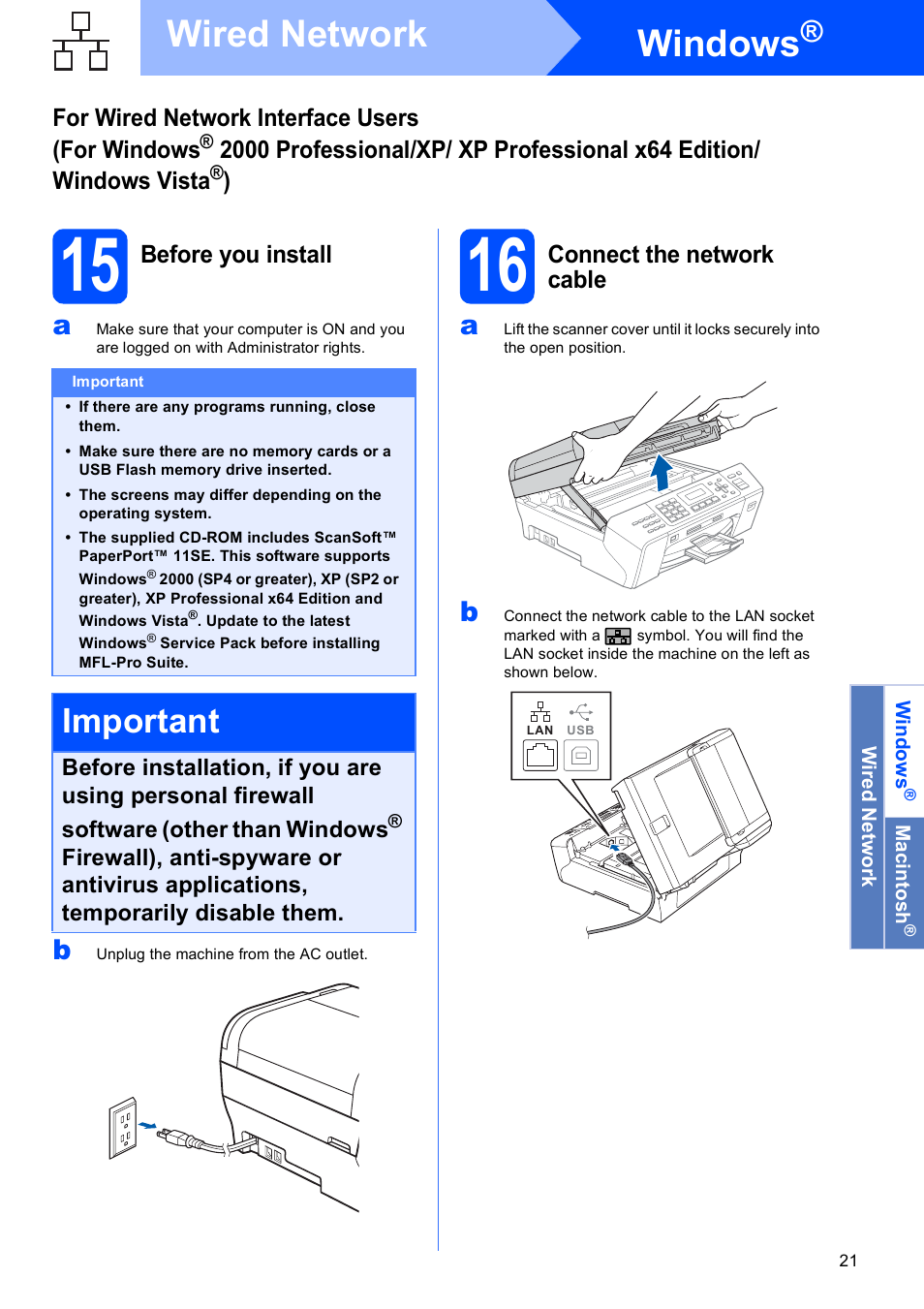 15 before you install, 16 connect the network cable, Windows | Wired network, Important | Brother MFC-5490CN User Manual | Page 21 / 34