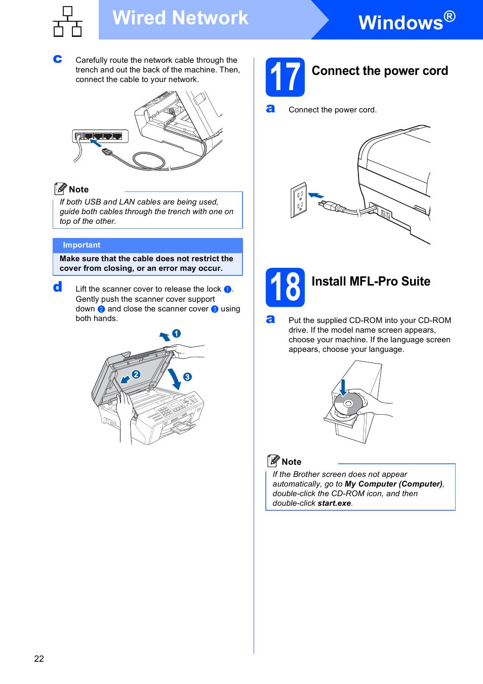 17 connect the power cord, 18 install mfl-pro suite, Windows | Wired network | Brother MFC-5490CN User Manual | Page 22 / 34