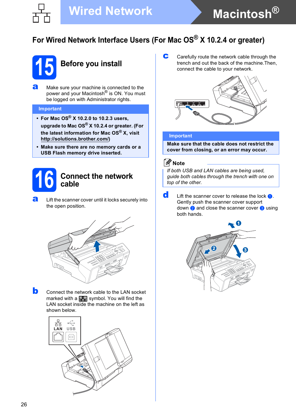 15 before you install, 16 connect the network cable, Macintosh | Wired network, For wired network interface users (for mac os, X 10.2.4 or greater), Before you install, Connect the network cable | Brother MFC-5490CN User Manual | Page 26 / 34