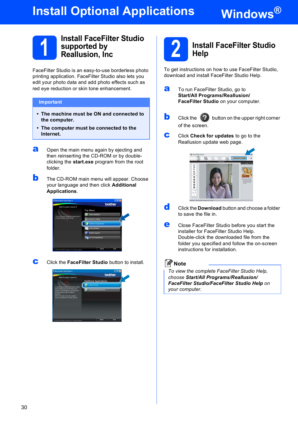 Install optional applications windows, 2 install facefilter studio help, Windows | Install optional applications | Brother MFC-5490CN User Manual | Page 30 / 34