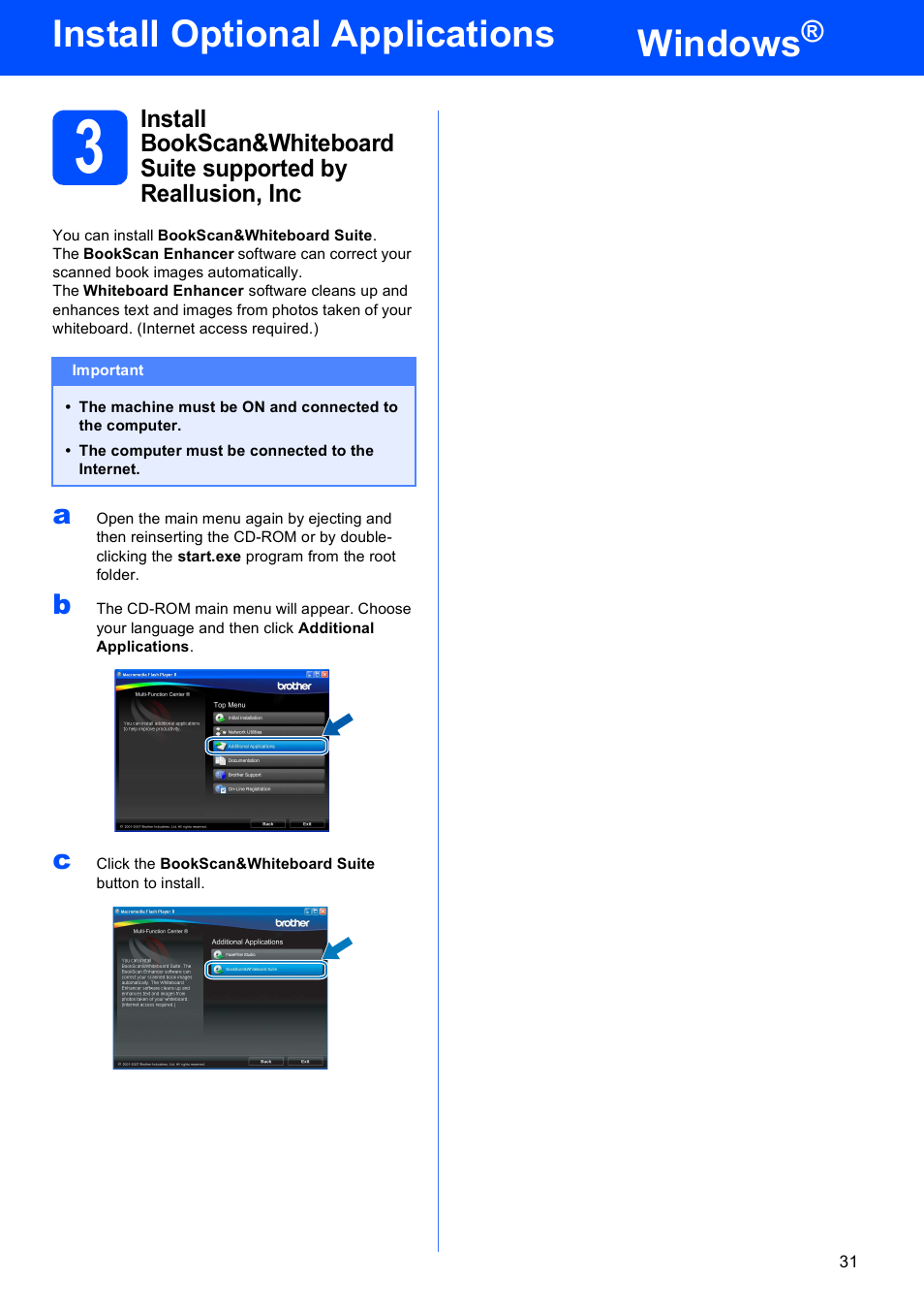 Windows, Install optional applications | Brother MFC-5490CN User Manual | Page 31 / 34