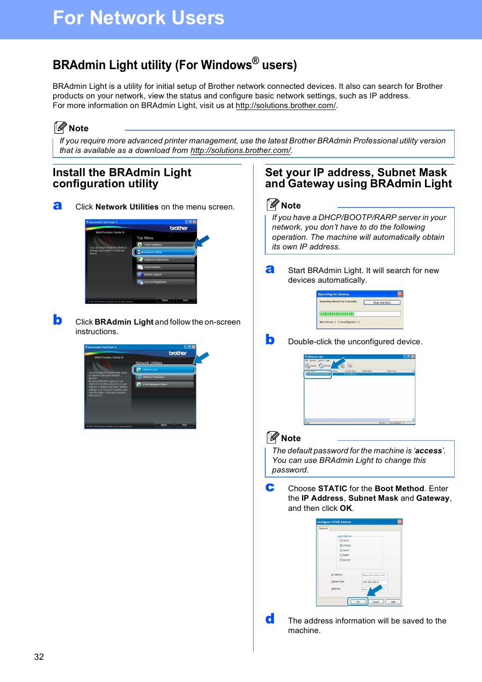 For network users, Bradmin light utility (for windows® users), Install the bradmin light configuration utility | Bradmin light utility (for windows, Users) | Brother MFC-5490CN User Manual | Page 32 / 34