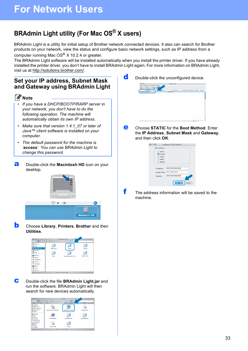 Bradmin light utility (for mac os® x users), For network users, Bradmin light utility (for mac os | X users) | Brother MFC-5490CN User Manual | Page 33 / 34