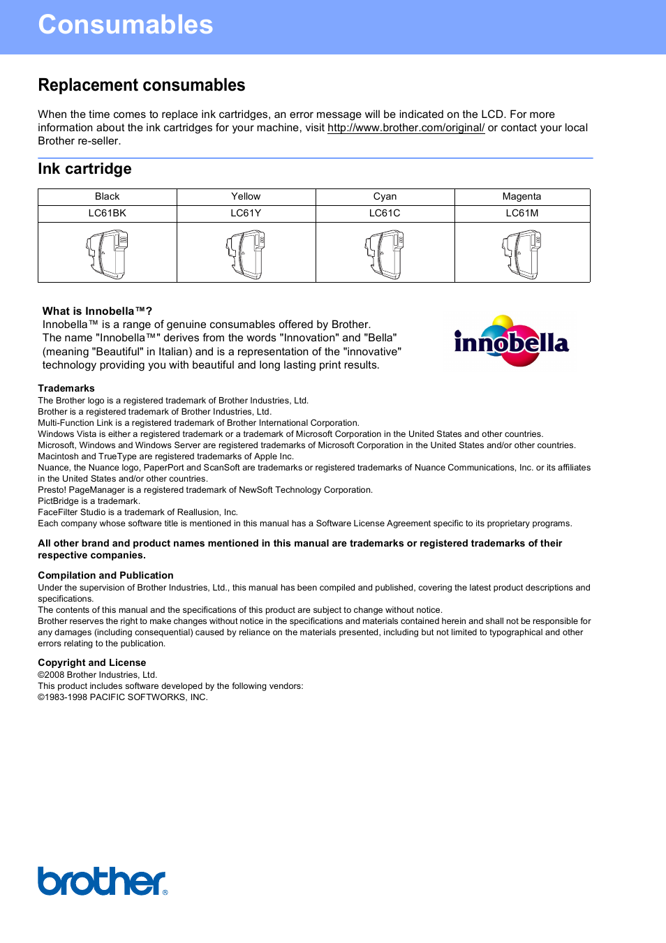 Consumables, Replacement consumables, Ink cartridge | Brother usa/can | Brother MFC-5490CN User Manual | Page 34 / 34