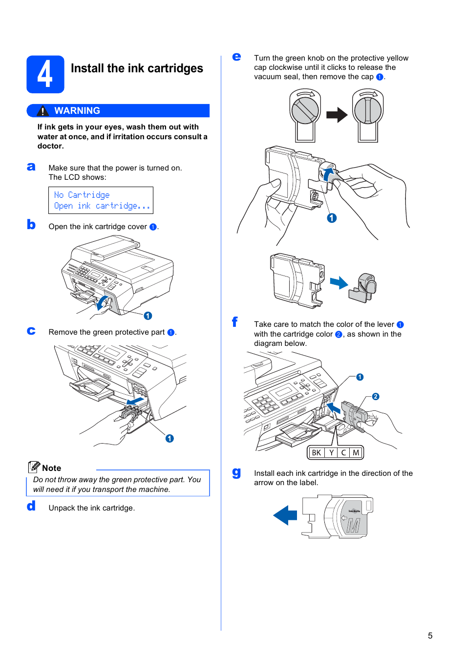 4 install the ink cartridges, Install the ink cartridges | Brother MFC-5490CN User Manual | Page 5 / 34