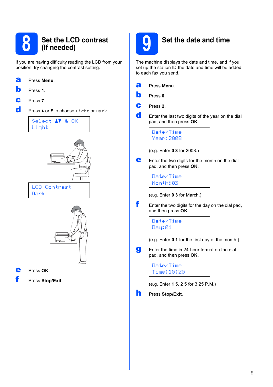 8 set the lcd contrast (if needed), 9 set the date and time | Brother MFC-5490CN User Manual | Page 9 / 34