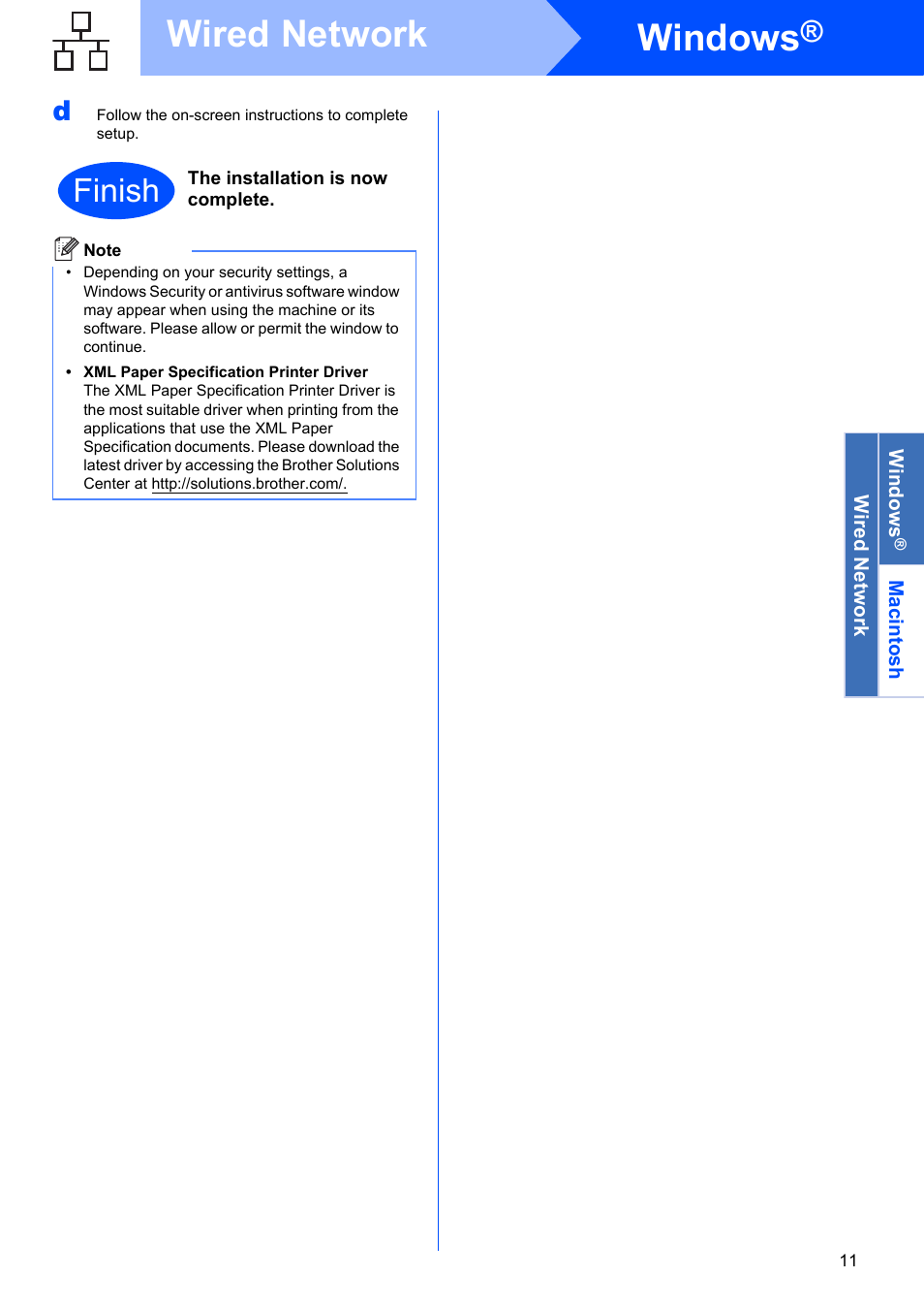 Windows, Wired network, Finish | Brother HL 2270DW User Manual | Page 11 / 35