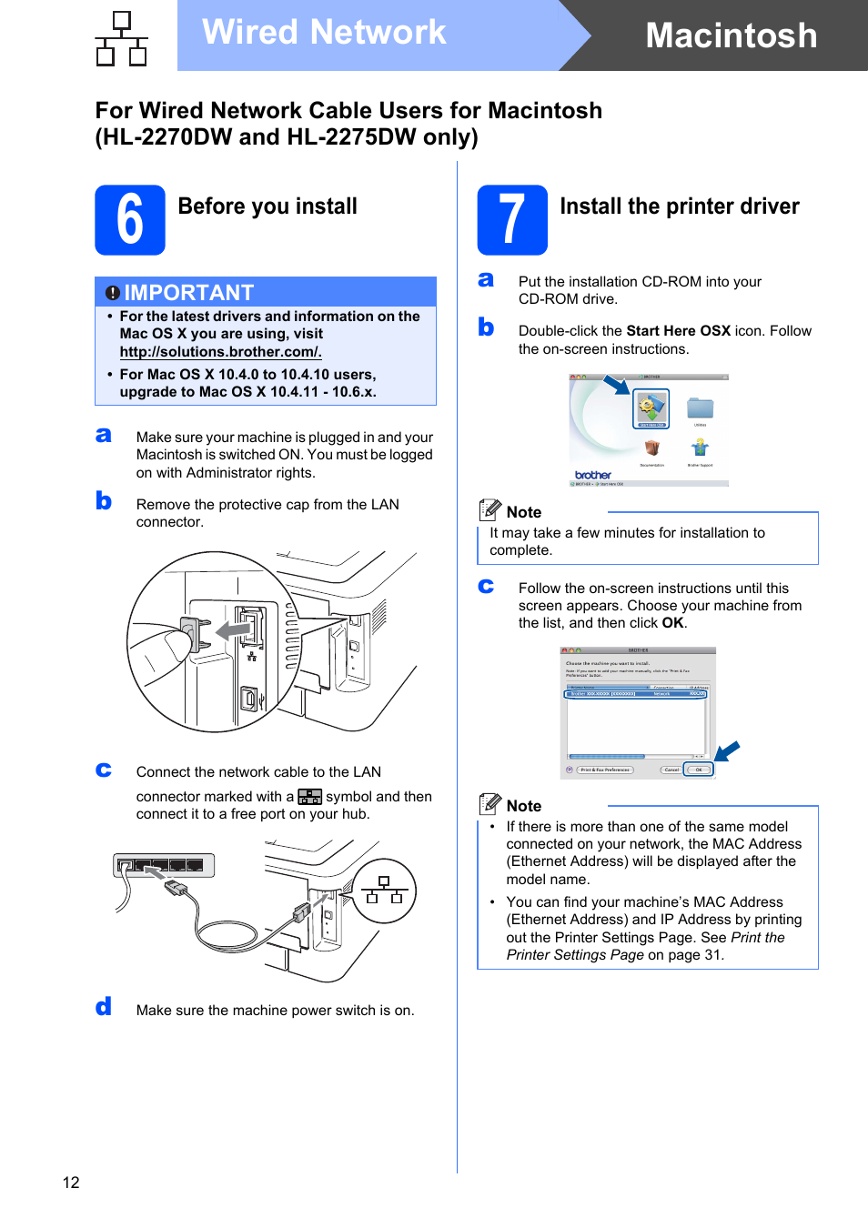 6 before you install, 7 install the printer driver, Macintosh wired network | Brother HL 2270DW User Manual | Page 12 / 35