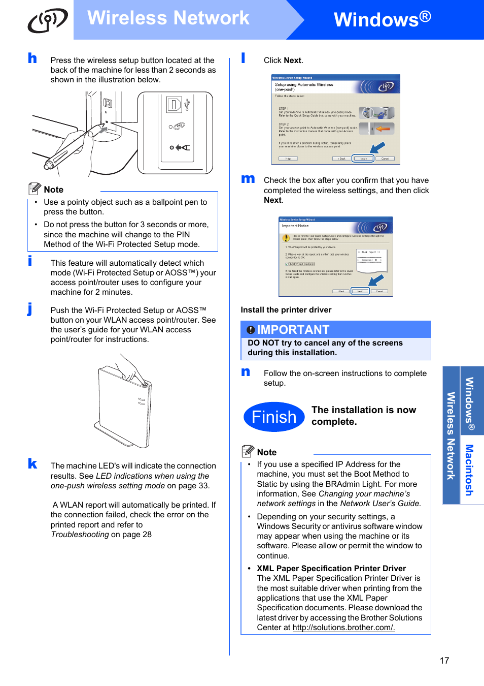 Windows, Wireless network, Finish | Important | Brother HL 2270DW User Manual | Page 17 / 35