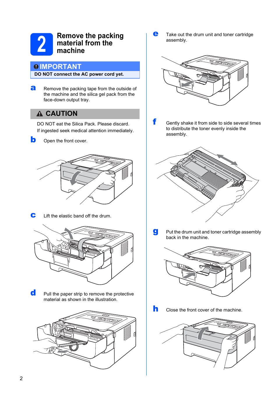 2 remove the packing material from the machine | Brother HL 2270DW User Manual | Page 2 / 35