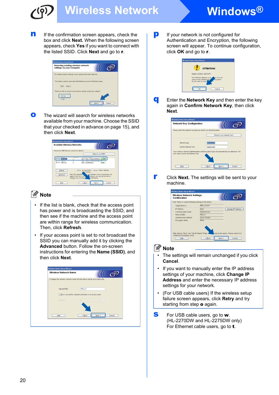 Windows, Wireless network | Brother HL 2270DW User Manual | Page 20 / 35