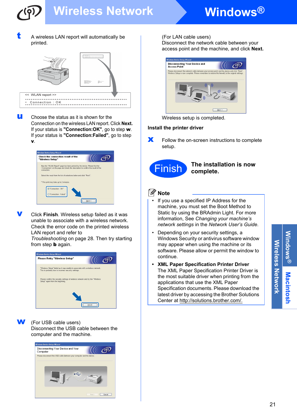 Ers, go to, Windows, Wireless network | Finish | Brother HL 2270DW User Manual | Page 21 / 35