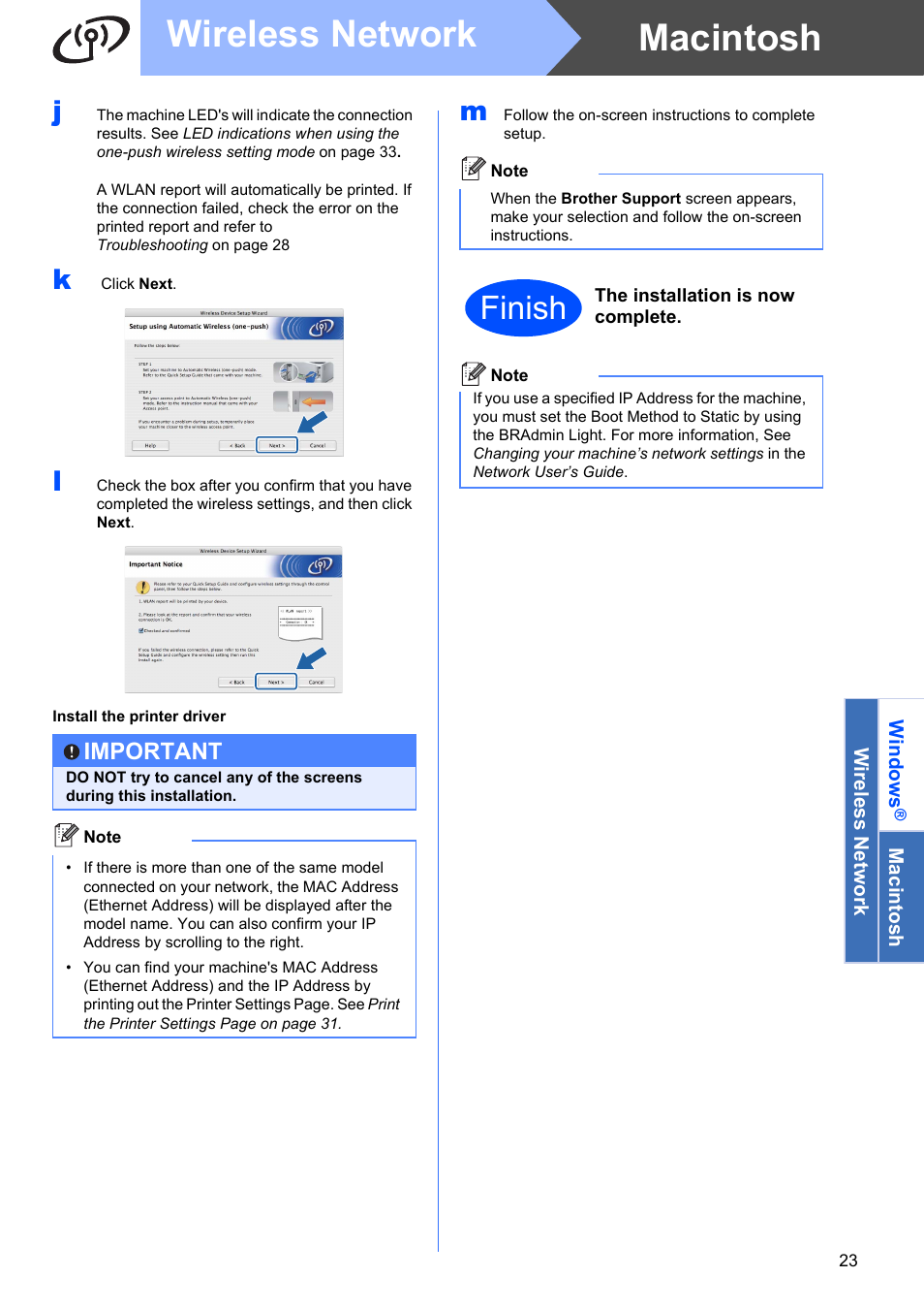 Macintosh wireless network, Finish, Important | Brother HL 2270DW User Manual | Page 23 / 35